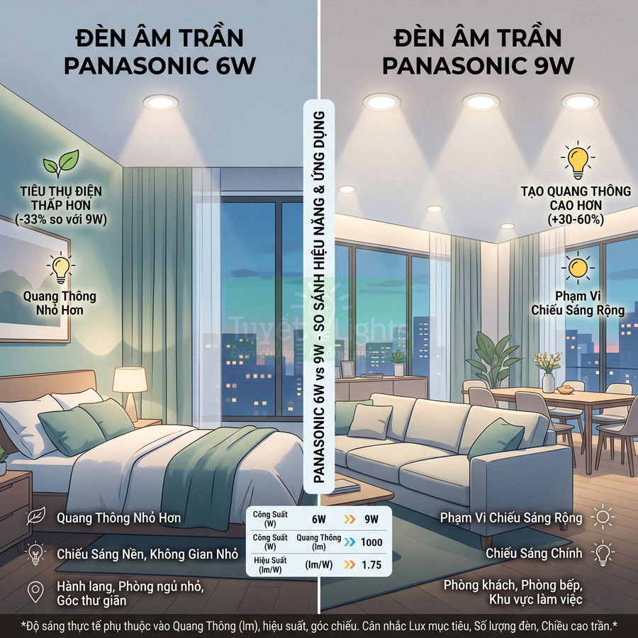 So sánh đèn âm trần Panasonic 6W và 9W về quang thông, phạm vi chiếu sáng cho phòng ngủ và phòng khách