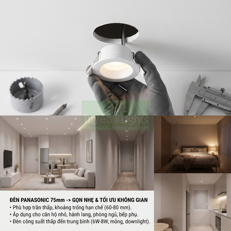 Đèn downlight âm trần Panasonic 75mm màu trắng lắp đặt cho trần nhà thấp trong căn hộ hiện đại