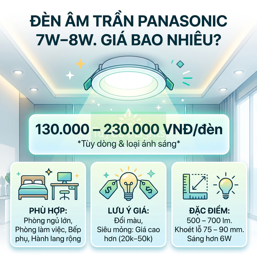 Đèn âm trần Panasonic 7W 8W kèm thông tin giá 130000 đến 230000 VNĐ và các đặc điểm sử dụng
