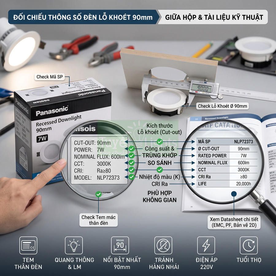 Đèn downlight âm trần Panasonic 7W lỗ khoét 90mm kèm hộp sản phẩm và tài liệu kỹ thuật