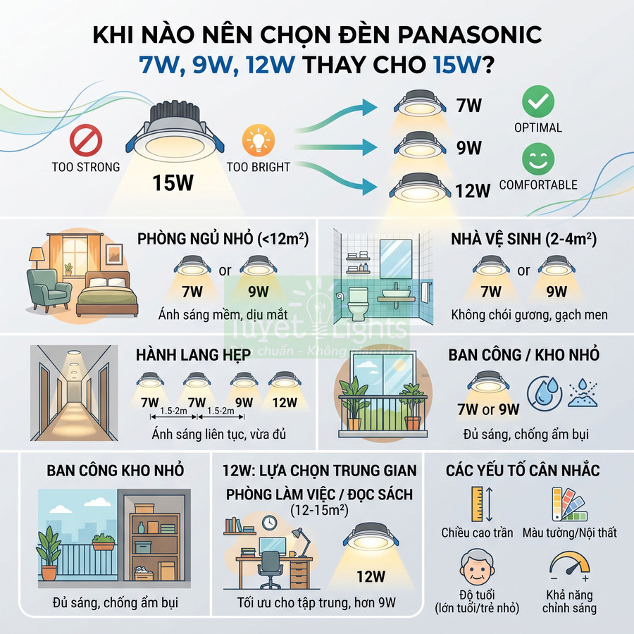 Infographic hướng dẫn chọn đèn LED Panasonic 7W 9W 12W thay cho 15W cho phòng ngủ hành lang ban công nhà vệ sinh