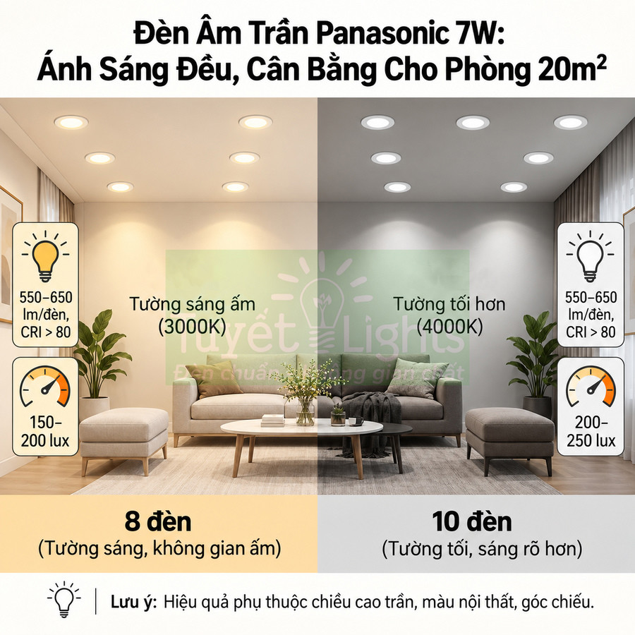 Đèn âm trần Panasonic 7W chiếu sáng phòng khách 20m2 với hai tông màu 3000K và 4000K, so sánh 8 và 10 đèn