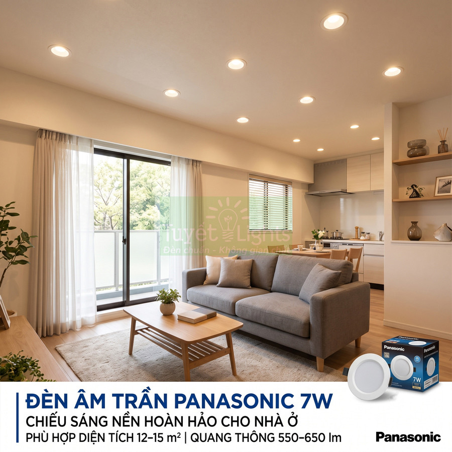 Đèn âm trần Panasonic 7W chiếu sáng phòng khách và bếp hiện đại, hộp sản phẩm đặt ở góc ảnh