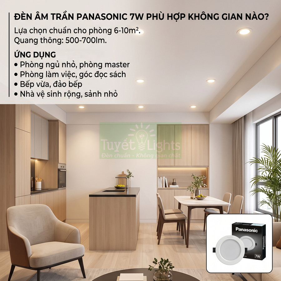 Đèn âm trần Panasonic 7W chiếu sáng phòng khách liền bếp hiện đại, nội thất gỗ sáng