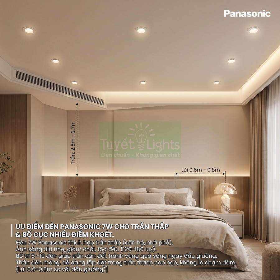 Đèn âm trần Panasonic 7W chiếu sáng phòng ngủ trần thấp với bố trí nhiều điểm đèn hiện đại