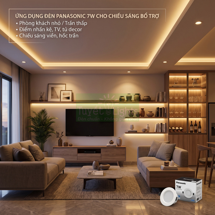 Đèn downlight Panasonic 7W chiếu sáng trần phòng khách hiện đại với ánh sáng vàng ấm