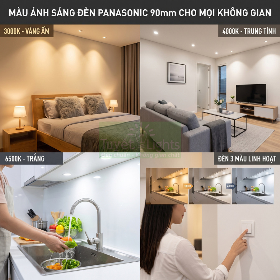 Đèn âm trần Panasonic 90mm ánh sáng 3 màu cho phòng ngủ, phòng khách và bếp hiện đại