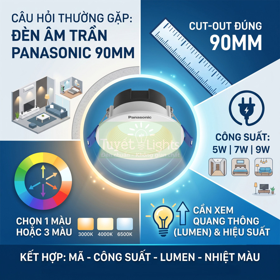 Đèn âm trần Panasonic 90mm đổi màu, nhiều công suất cho phòng khách, phòng ngủ, văn phòng