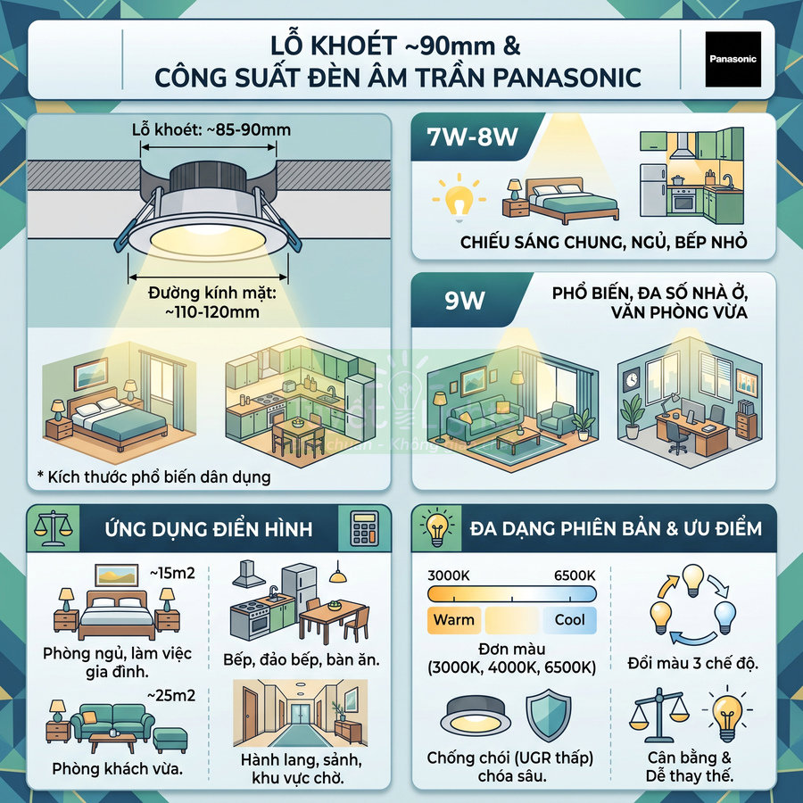 Infographic đèn âm trần Panasonic lỗ khoét 90mm, công suất 7W 8W 9W cho phòng ngủ bếp phòng khách văn phòng