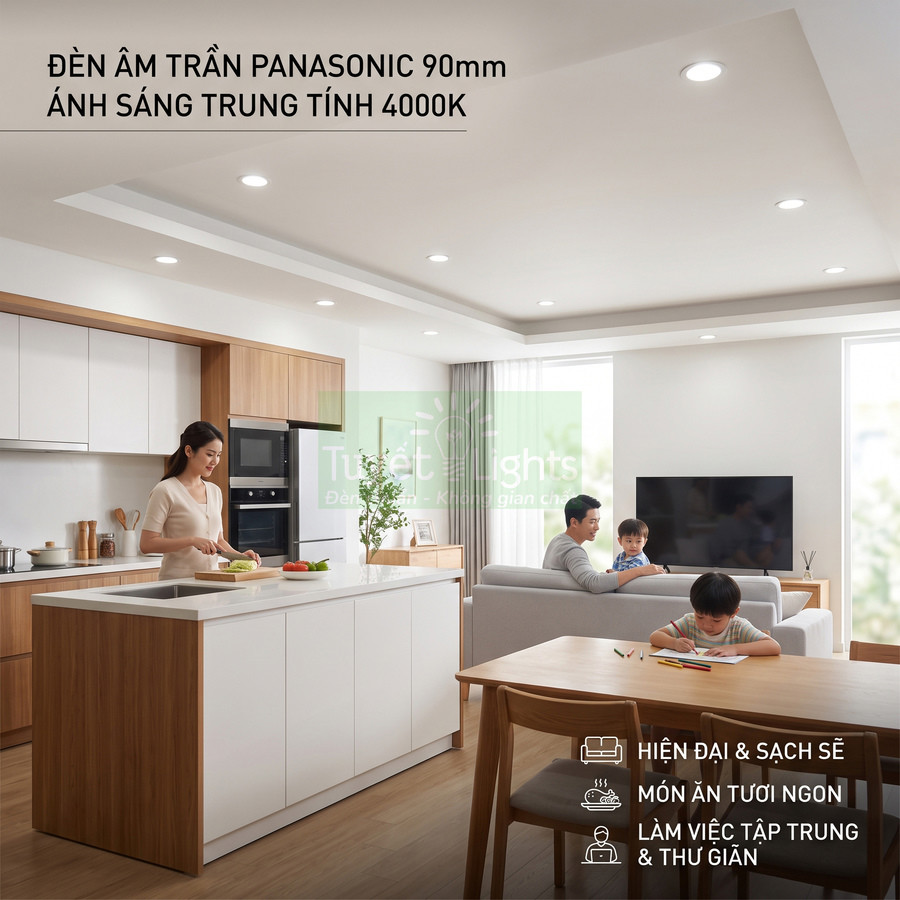 Đèn âm trần Panasonic 90mm ánh sáng trung tính 4000K lắp trong phòng bếp và phòng khách gia đình hiện đại