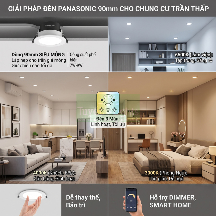 Đèn âm trần Panasonic 90mm siêu mỏng cho căn hộ trần thấp, ánh sáng 3 màu, hỗ trợ dimmer và smart home