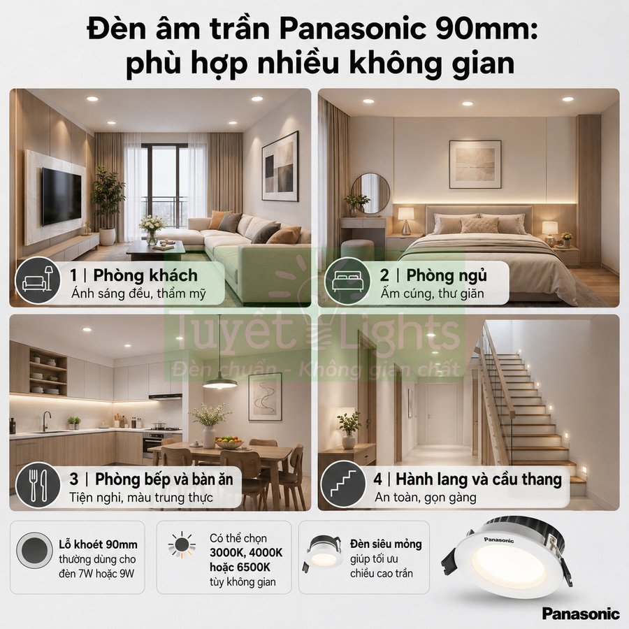 Đèn âm trần Panasonic 90mm chiếu sáng phòng khách, phòng ngủ, bếp, hành lang và cầu thang hiện đại