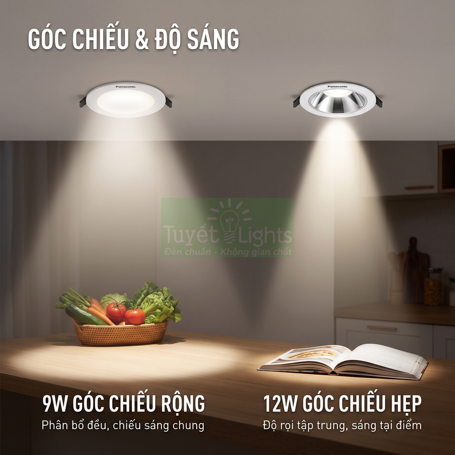Đèn downlight Panasonic 9W góc chiếu rộng và 12W góc chiếu hẹp chiếu sáng bàn bếp