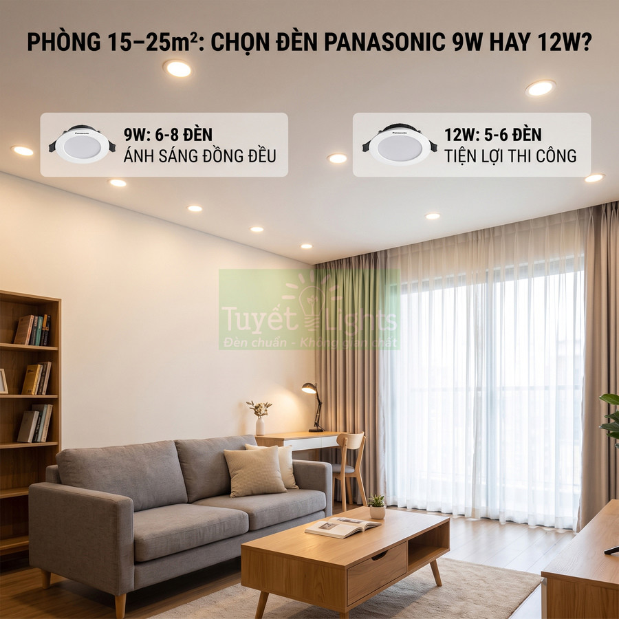 Đèn downlight Panasonic 9W và 12W chiếu sáng phòng khách 15–25m2 nội thất hiện đại
