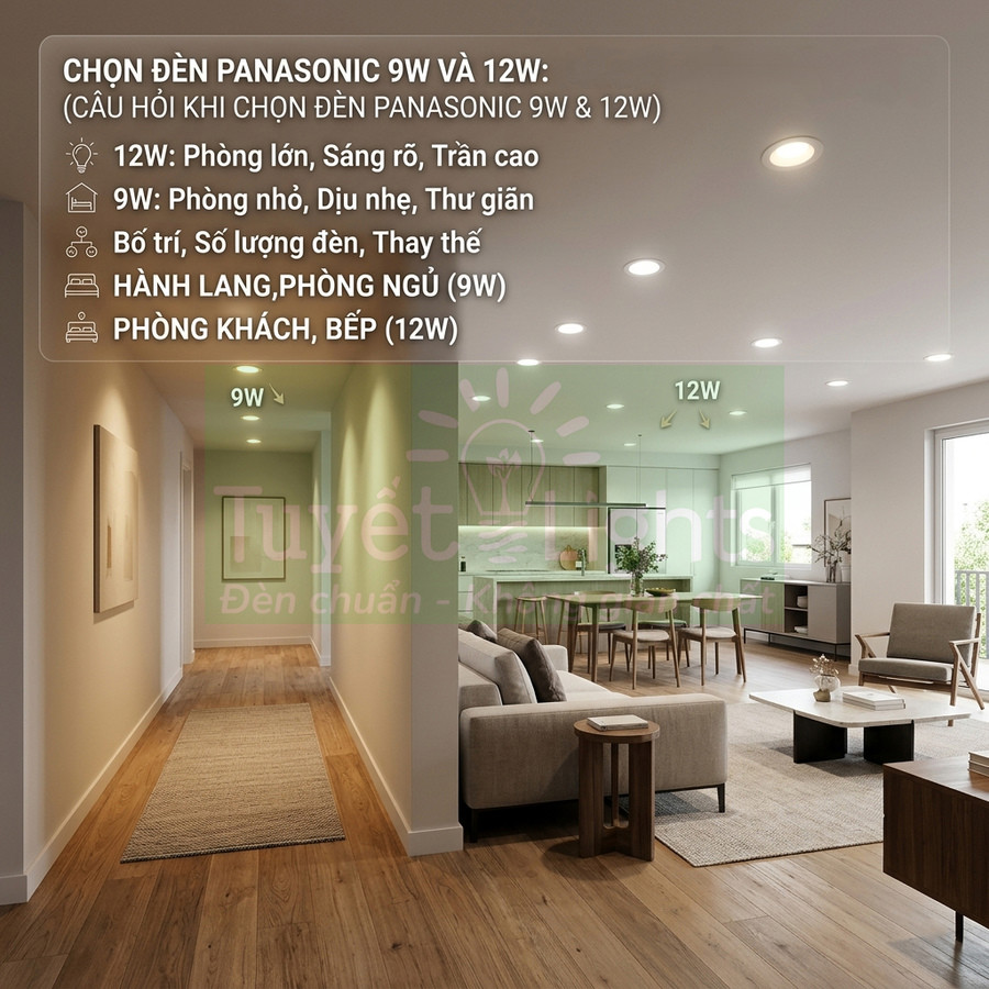 Đèn âm trần Panasonic 9W và 12W chiếu sáng hành lang, phòng khách và bếp trong căn hộ hiện đại
