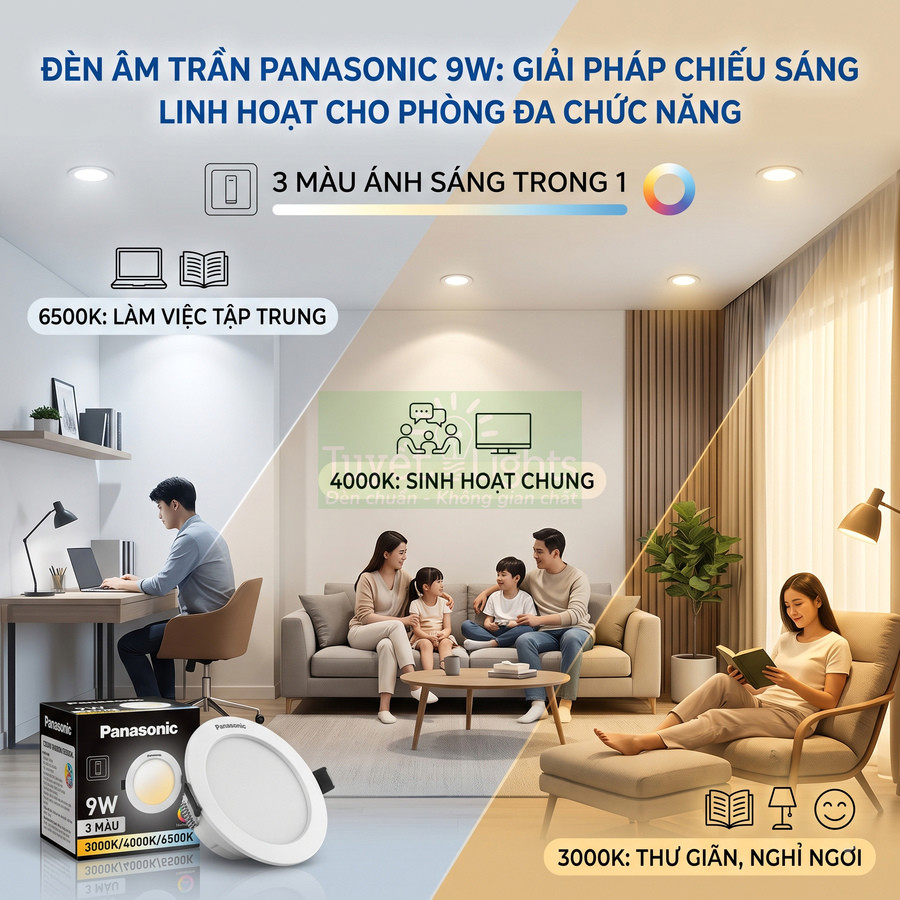 Đèn âm trần Panasonic 9W 3 màu 3000K 4000K 6500K cho phòng làm việc sinh hoạt và thư giãn