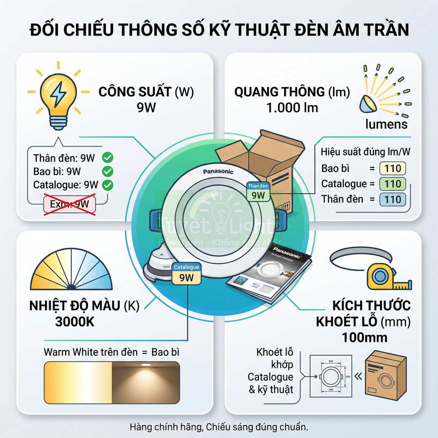 Đèn âm trần Panasonic 9W 3000K, quang thông 1000 lm, kích thước khoét lỗ 100mm, hàng chính hãng