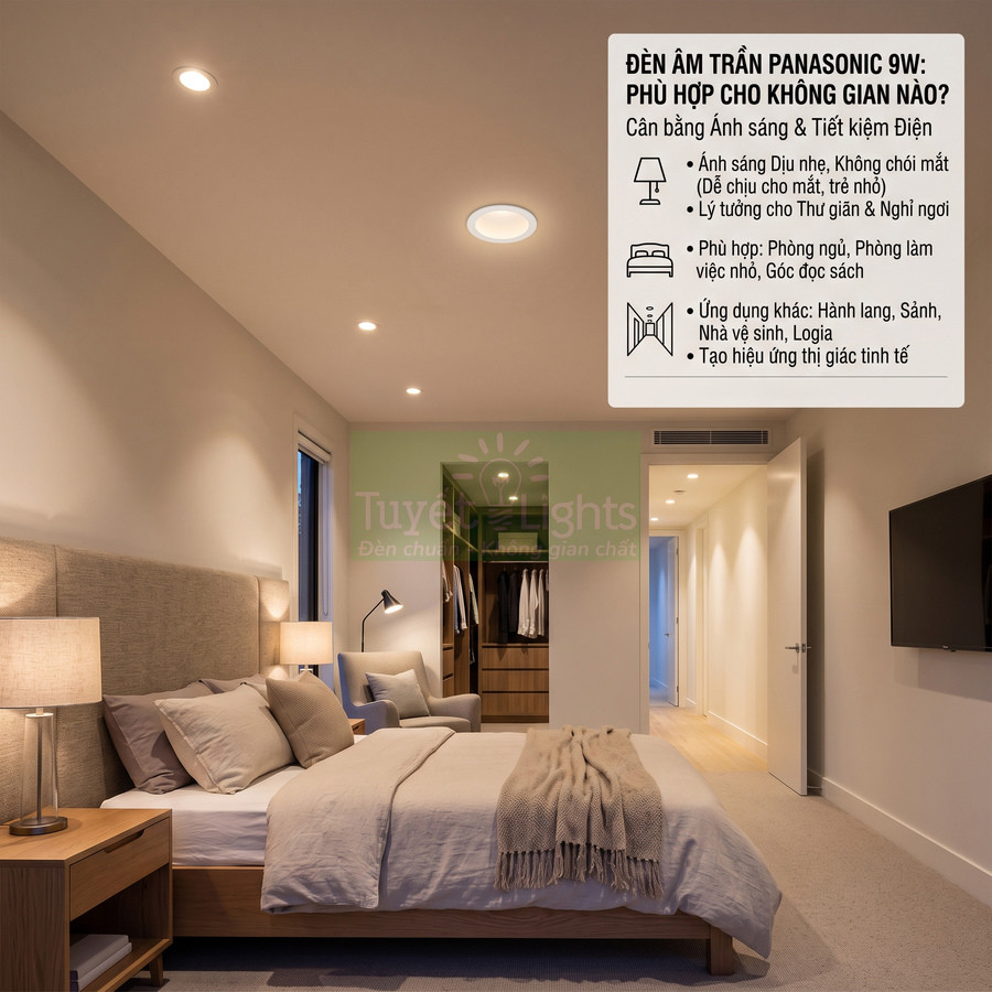 Đèn âm trần Panasonic 9W chiếu sáng phòng ngủ hiện đại với giường gỗ và nội thất tối giản