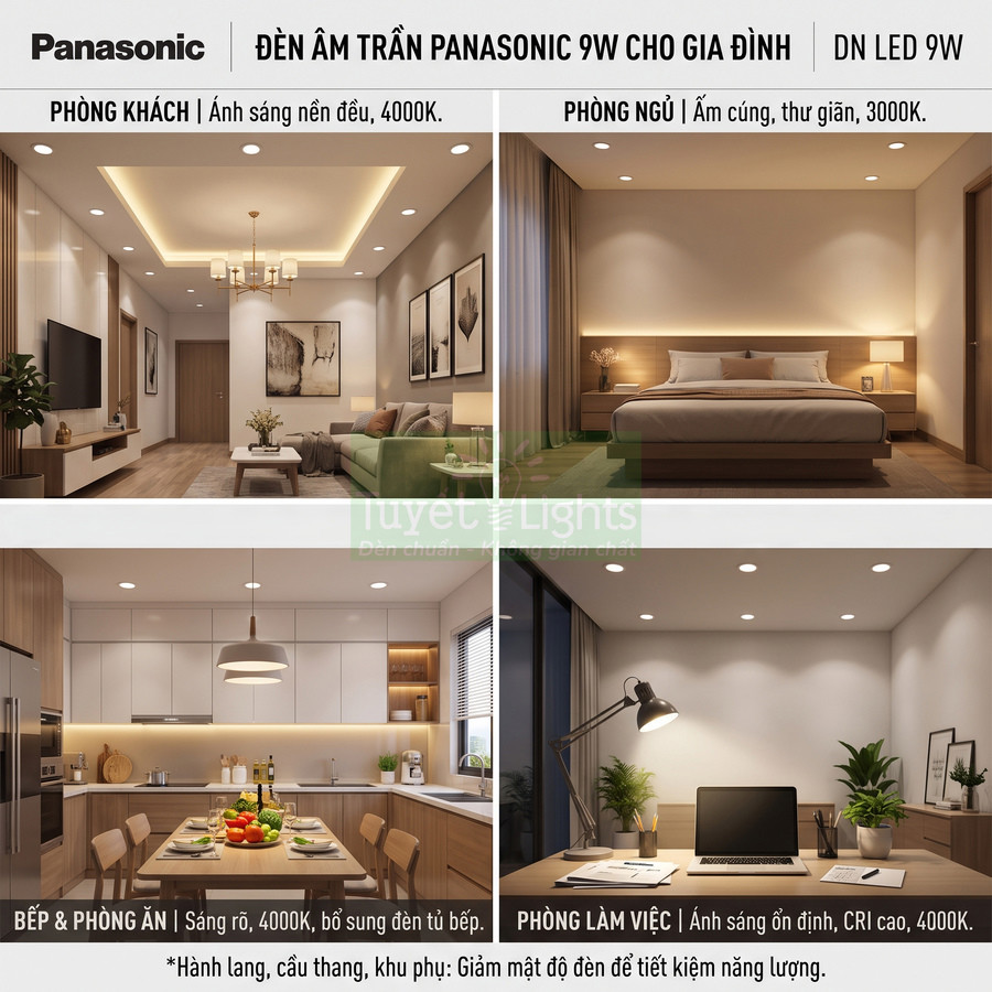 Đèn âm trần Panasonic 9W chiếu sáng phòng khách, phòng ngủ, bếp và phòng làm việc trong căn hộ hiện đại