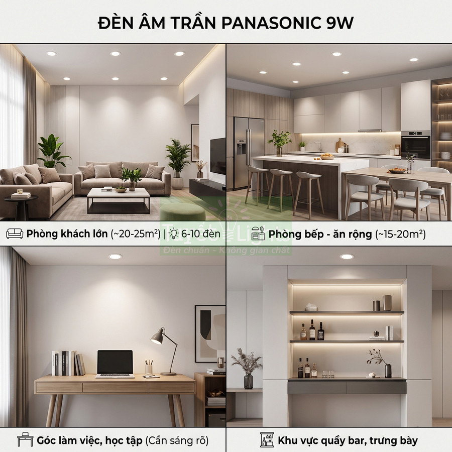 Đèn âm trần Panasonic 9W chiếu sáng phòng khách, bếp, góc làm việc và khu vực quầy bar trưng bày hiện đại