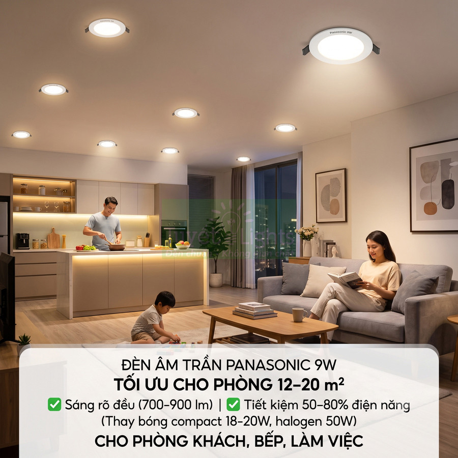 Đèn âm trần Panasonic 9W chiếu sáng phòng khách và bếp gia đình hiện đại