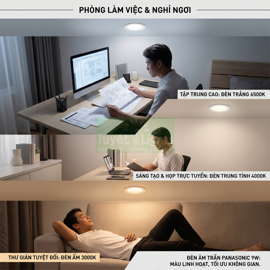 Đèn âm trần Panasonic 9W chiếu sáng bàn làm việc và ghế sofa trong phòng làm việc và nghỉ ngơi