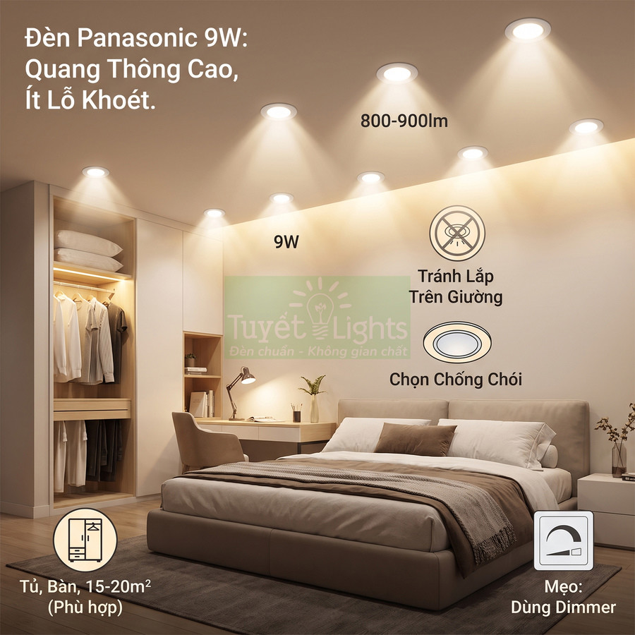 Đèn downlight Panasonic 9W chiếu sáng phòng ngủ hiện đại, ánh sáng vàng ấm, phù hợp tủ và bàn làm việc