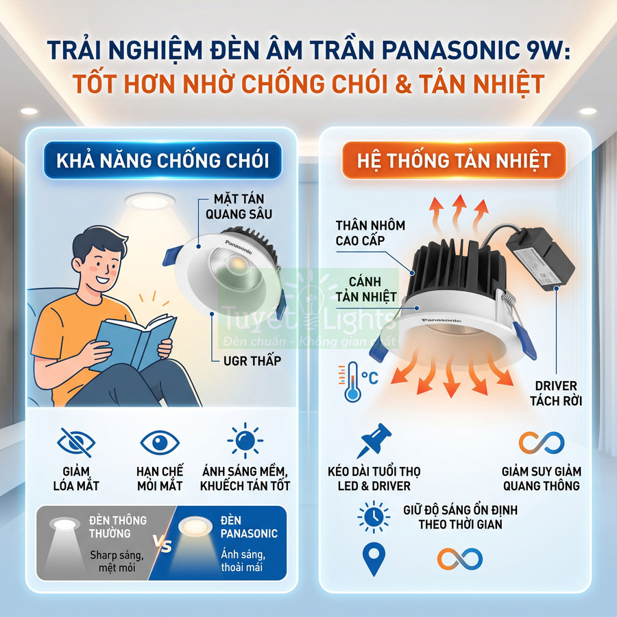Đèn âm trần Panasonic 9W chống chói, tản nhiệt tốt, ánh sáng mềm dịu mắt cho phòng khách hiện đại