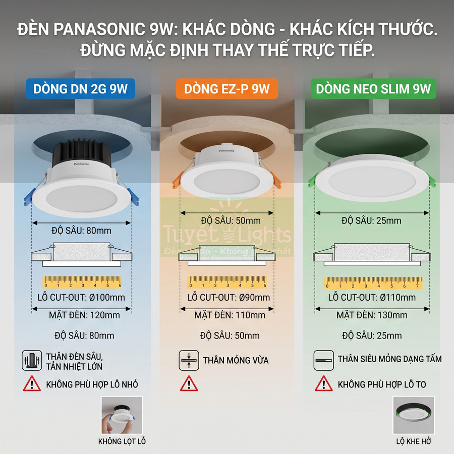 So sánh kích thước đèn âm trần Panasonic 9W DN 2G, EZ P và Neo Slim cho lỗ khoét trần khác nhau