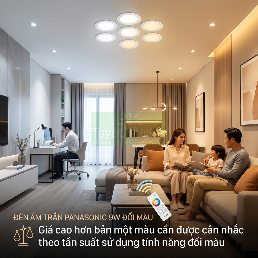Đèn âm trần Panasonic 9W đổi màu chiếu sáng phòng khách hiện đại với điều khiển từ xa