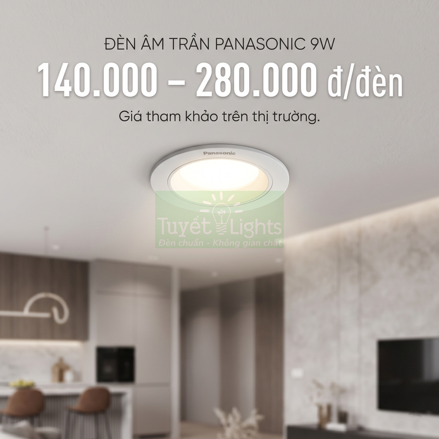Đèn âm trần Panasonic 9W lắp trong phòng khách hiện đại, ánh sáng vàng dịu