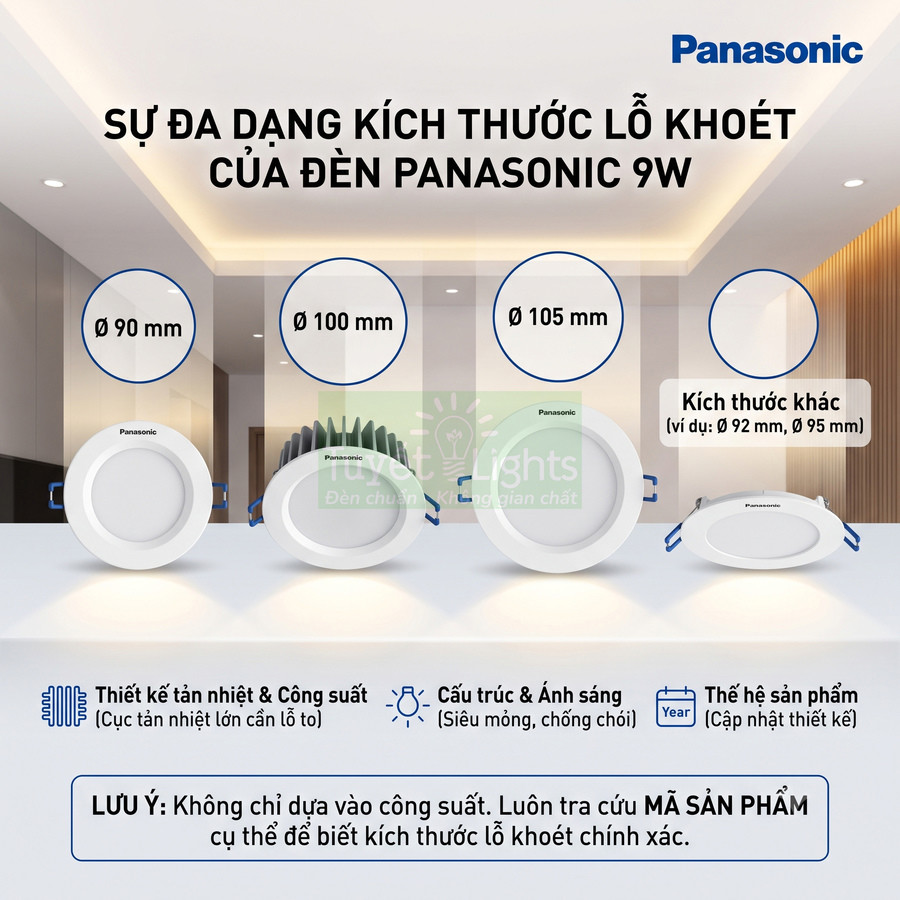 Đèn downlight âm trần Panasonic 9W nhiều kích thước lỗ khoét 90mm 100mm 105mm trong không gian nội thất hiện đại