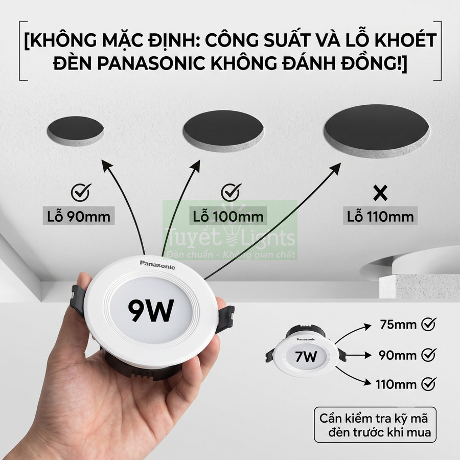 Đèn led âm trần Panasonic 9W màu trắng, minh họa kích thước lỗ khoét trần 90mm 100mm 110mm