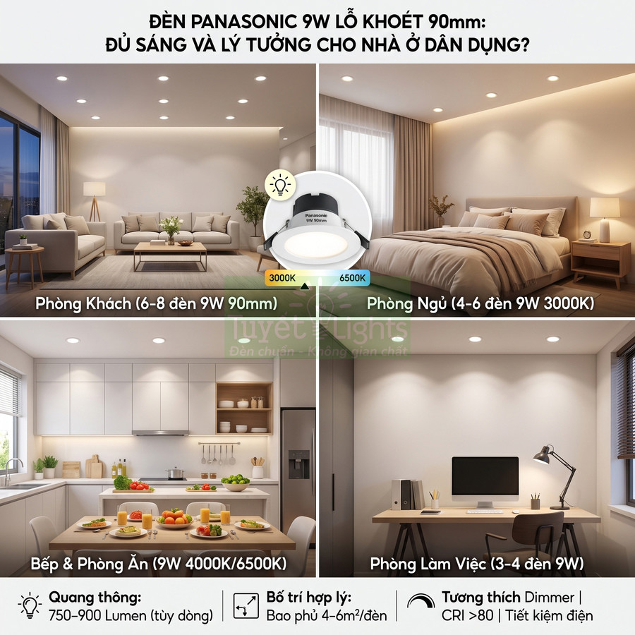 Đèn LED âm trần Panasonic 9W chiếu sáng phòng khách, phòng ngủ, bếp và phòng làm việc trong nhà ở
