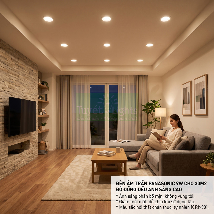 Đèn âm trần Panasonic 9W chiếu sáng phòng khách hiện đại với ánh sáng vàng ấm áp