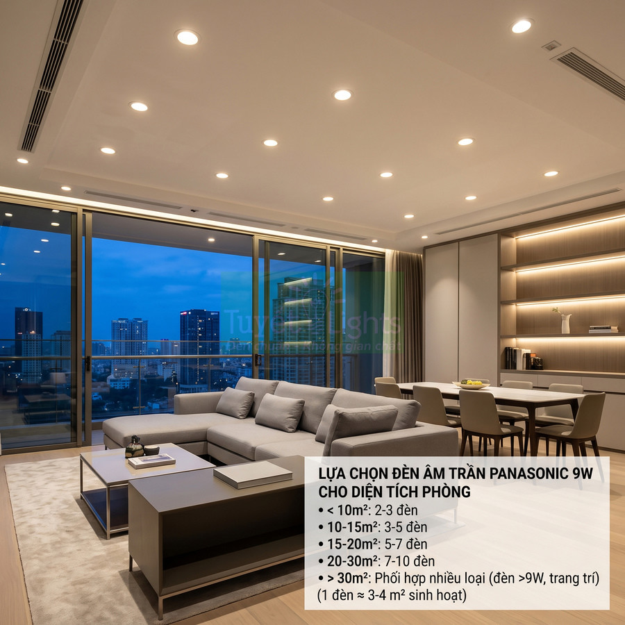 Đèn âm trần Panasonic 9W chiếu sáng phòng khách hiện đại với sofa và bàn ăn cao cấp