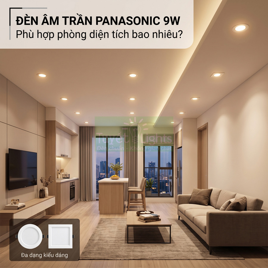 Đèn âm trần Panasonic 9W chiếu sáng phòng khách bếp hiện đại, nhiều đèn lắp trên trần, có mẫu tròn và vuông