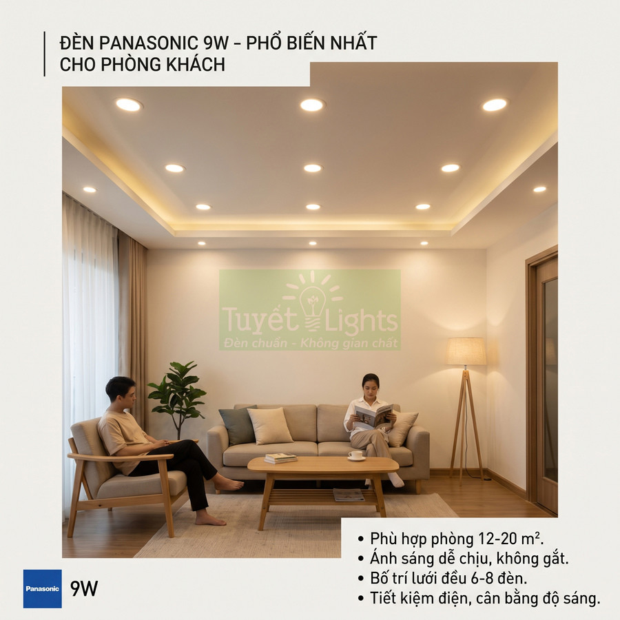 Đèn âm trần Panasonic 9W chiếu sáng phòng khách hiện đại với ánh sáng vàng dịu, tiết kiệm điện