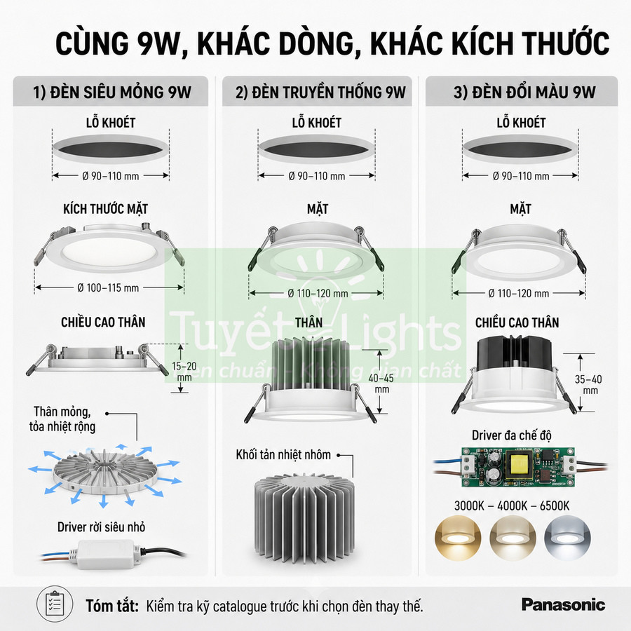 So sánh kích thước và cấu tạo đèn âm trần Panasonic 9W siêu mỏng, truyền thống và đổi màu