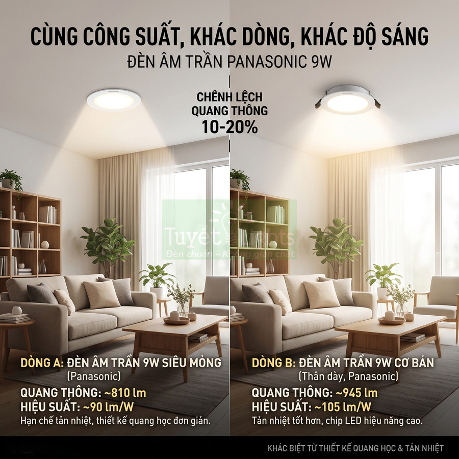 So sánh độ sáng đèn âm trần Panasonic 9W siêu mỏng và 9W cơ bản trong phòng khách hiện đại
