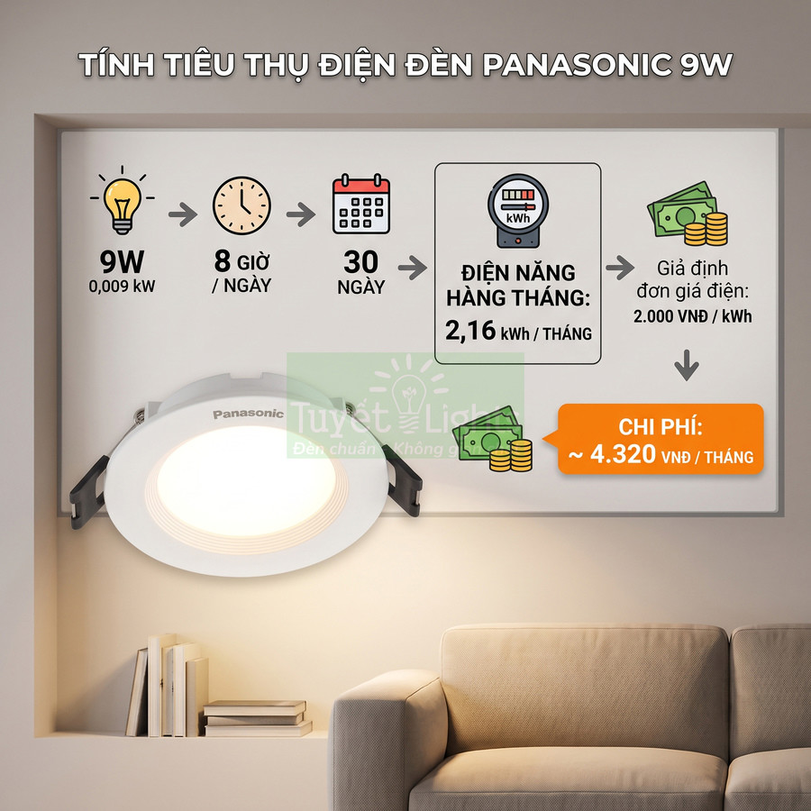 Đèn led âm trần Panasonic 9W chiếu sáng phòng khách kèm bảng tính chi phí điện hàng tháng
