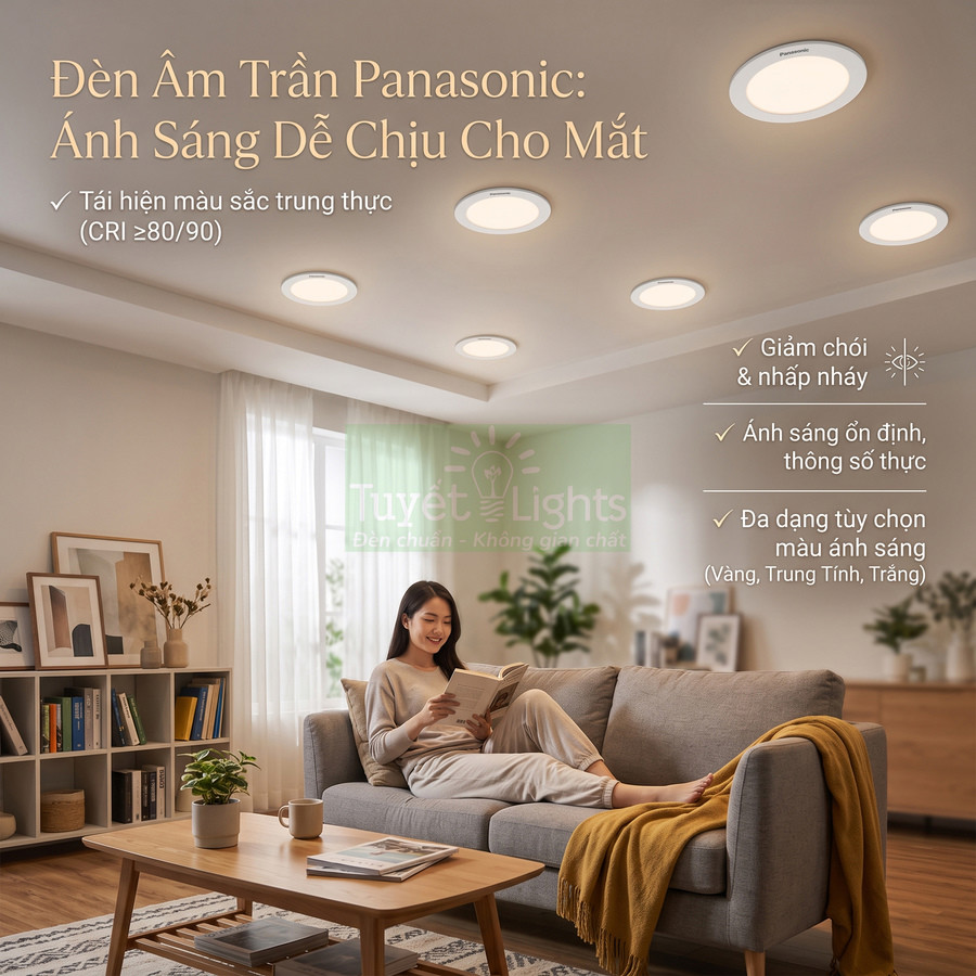 Đèn âm trần Panasonic ánh sáng dịu trong phòng khách hiện đại, cô gái đọc sách trên sofa dưới hệ đèn LED
