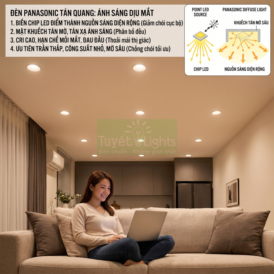 Đèn LED âm trần Panasonic ánh sáng dịu mắt trong phòng khách, cô gái ngồi sofa làm việc với laptop