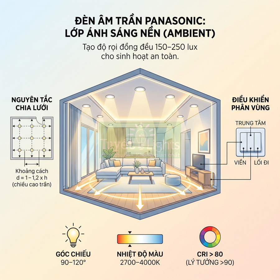 Đèn âm trần Panasonic chiếu sáng nền cho phòng khách hiện đại với ánh sáng đồng đều, nhiệt độ màu 2700–4000K
