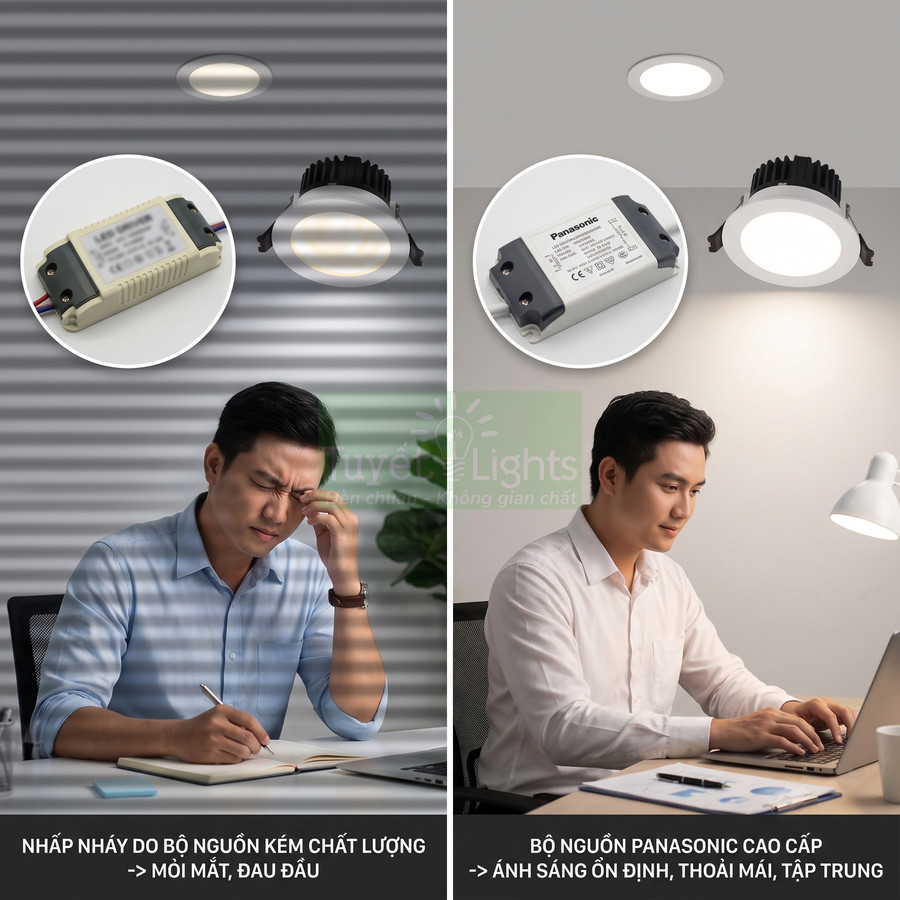 So sánh bộ nguồn đèn âm trần thường gây nhấp nháy với bộ nguồn Panasonic cho ánh sáng ổn định, dễ tập trung