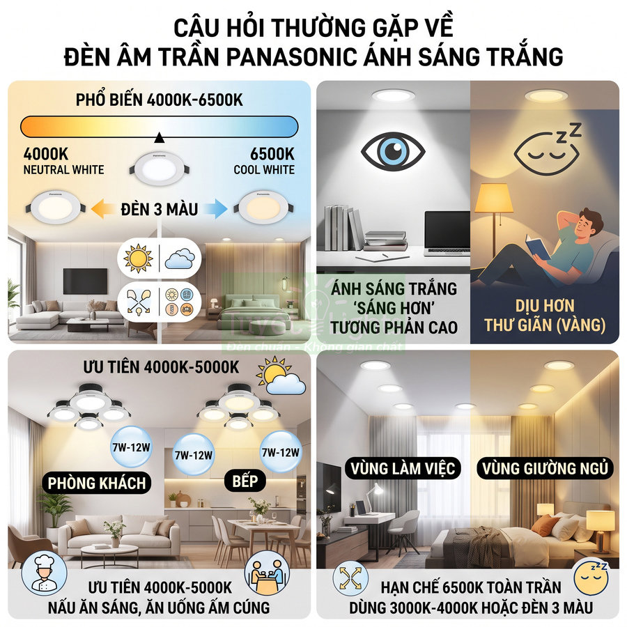 Infographic hướng dẫn chọn đèn âm trần Panasonic ánh sáng trắng 3 màu cho phòng khách, bếp, khu làm việc và phòng ngủ