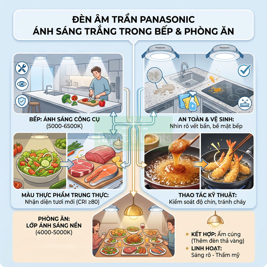 Đèn âm trần Panasonic ánh sáng trắng cho bếp và phòng ăn, chiếu sáng rõ khu vực nấu nướng và bàn ăn