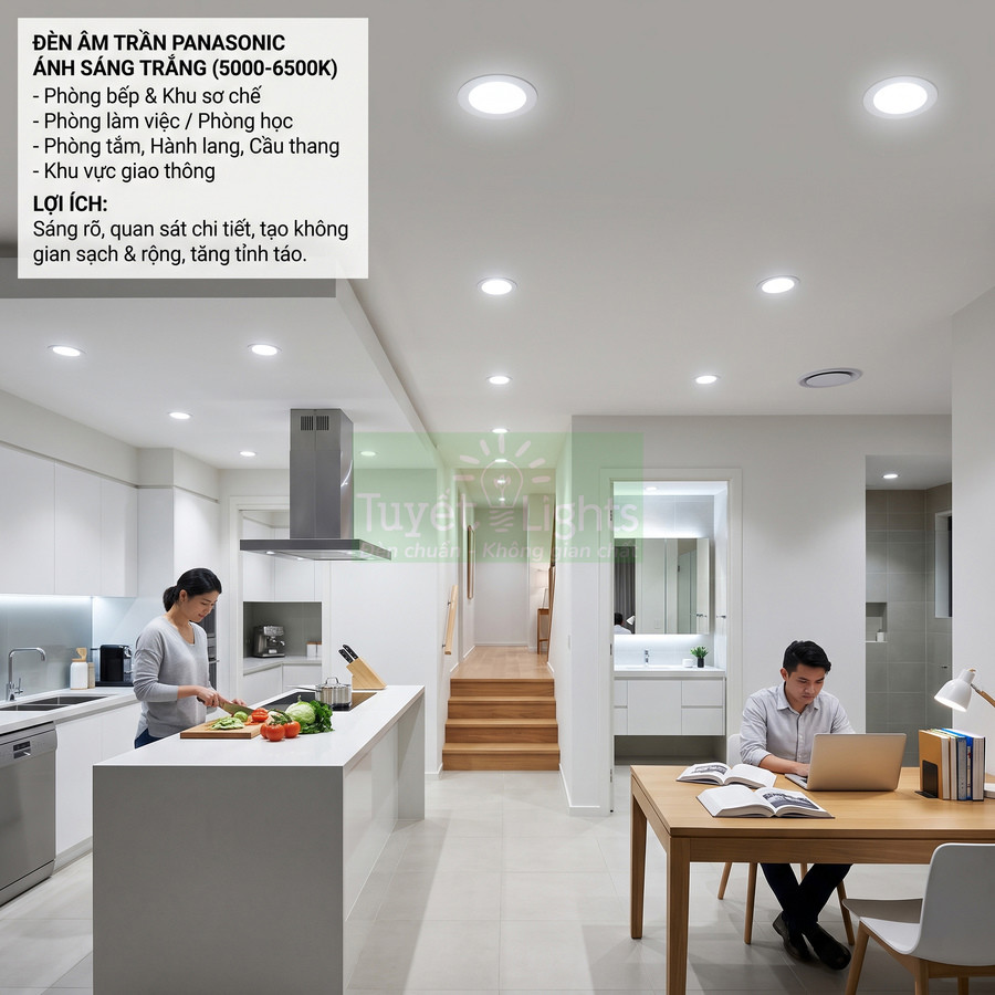 Đèn âm trần Panasonic ánh sáng trắng phù hợp khu vực nào?