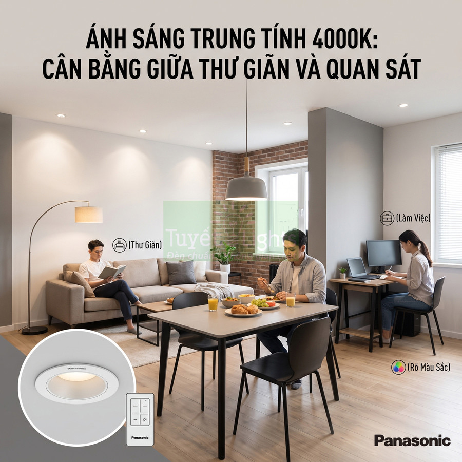 Đèn LED âm trần Panasonic ánh sáng trung tính 4000K chiếu sáng phòng khách và bàn ăn hiện đại