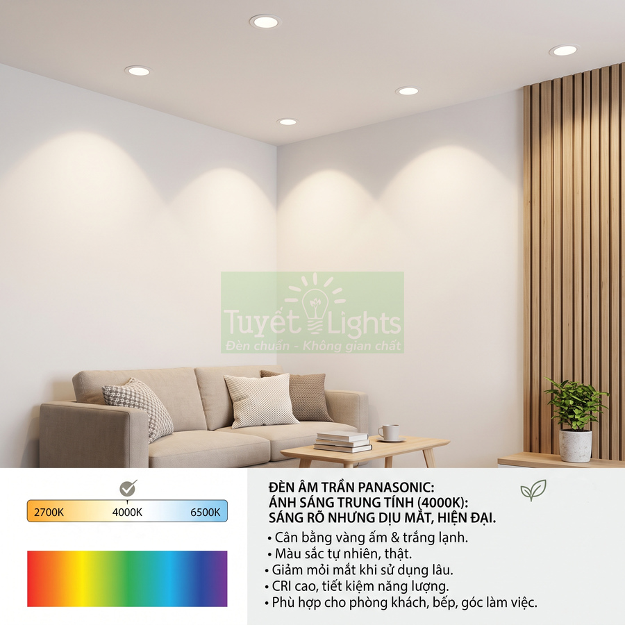 Đèn âm trần Panasonic ánh sáng trung tính 4000K lắp trong phòng khách hiện đại với sofa và bàn trà